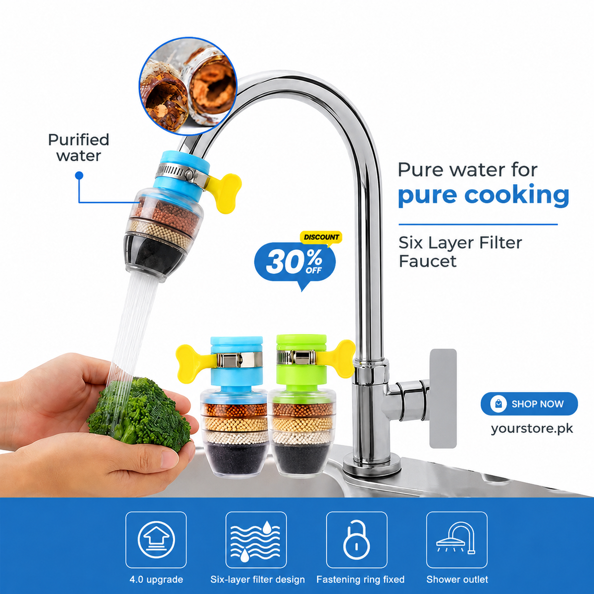 Premium 6-Layer Filter Faucet – Instant Clean Water Tap Filter.